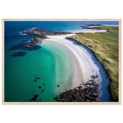 Clear turquoise water over pale sand from above, framed in light oak