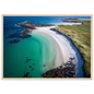 Clear turquoise water over pale sand from above, framed in light oak