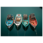 Aerial view of small fishing boats at their moorings, print in a dark frame