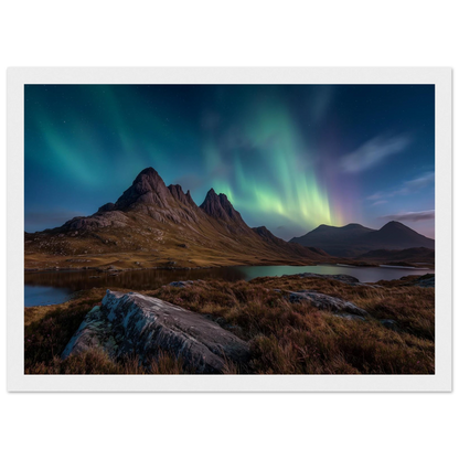 Northern lights over a Scottish mountain, in a white frame with a wide mount