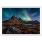 Northern lights over a Scottish mountain, in a white frame with a wide mount