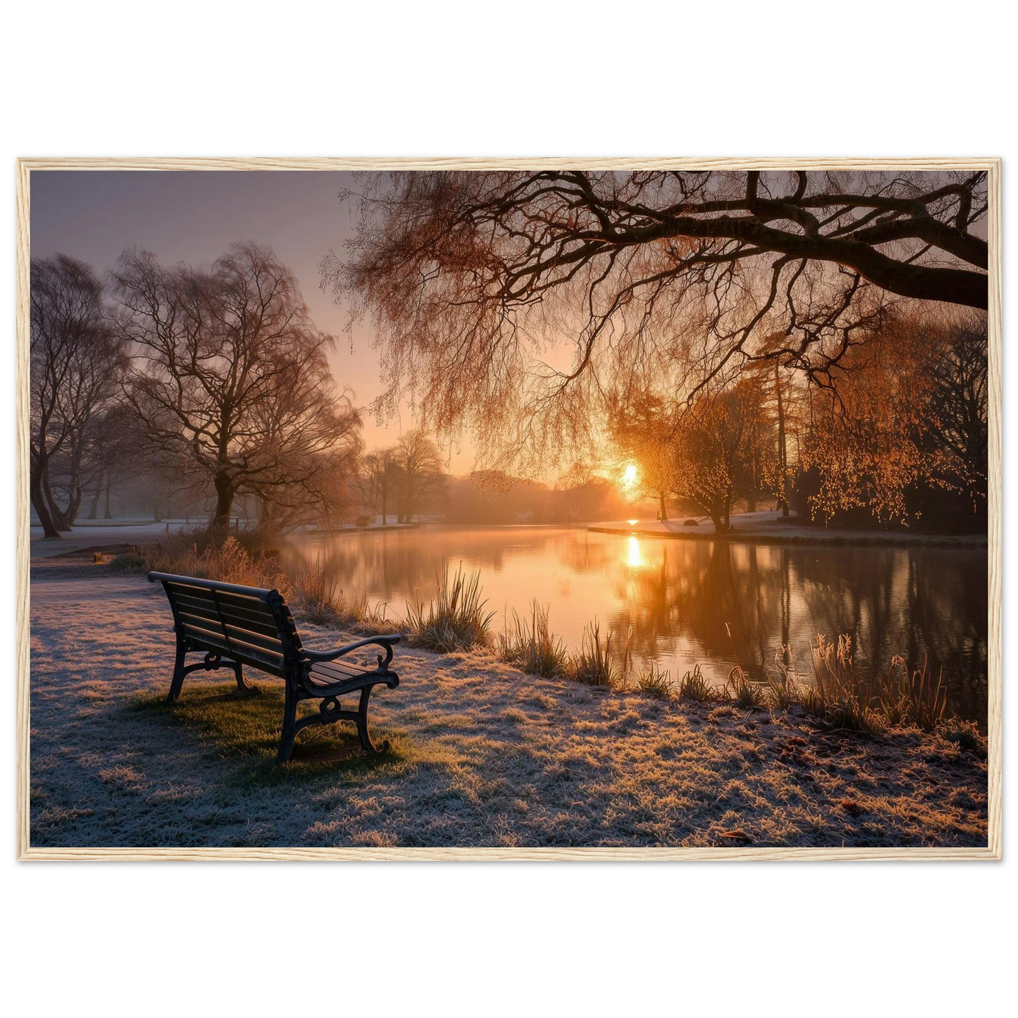 Frosted park lake at winter sunrise with an empty bench on the bank, print in a natural light wood frame