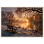 Frosted park lake at winter sunrise with an empty bench on the bank, print in a natural light wood frame