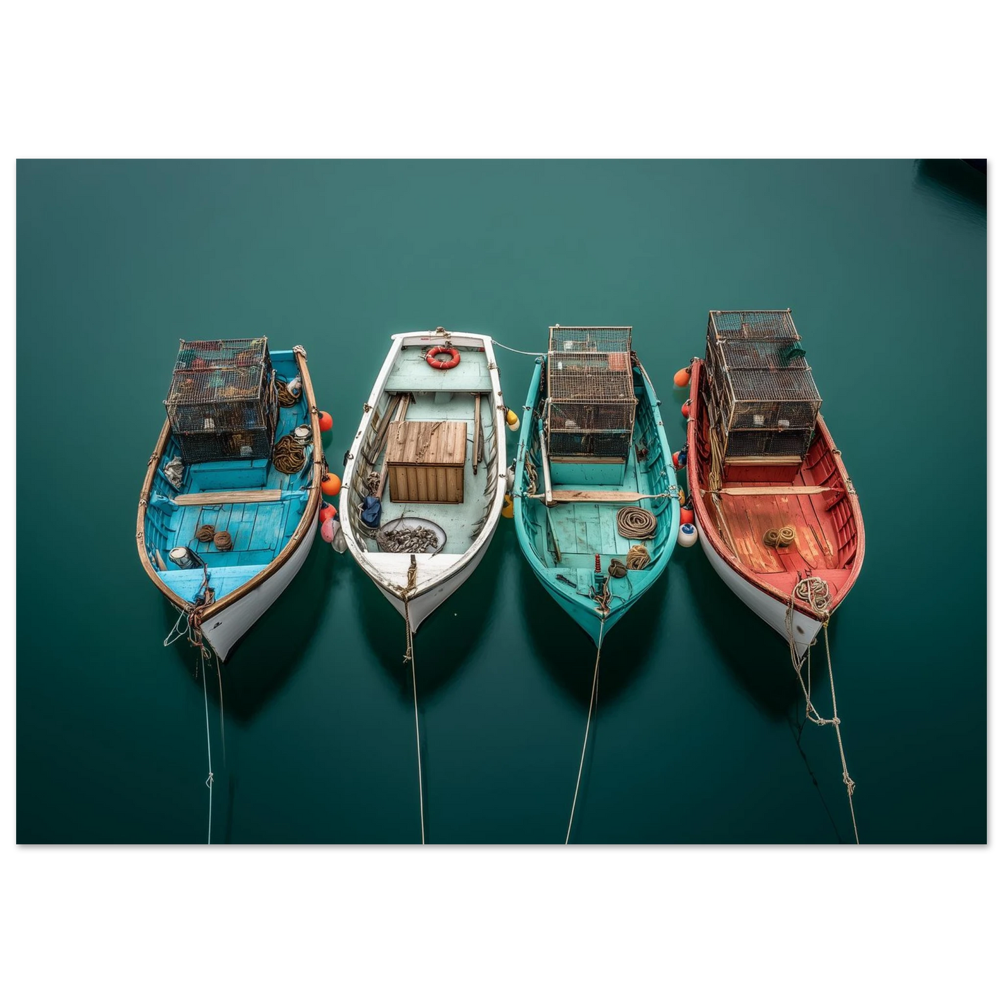 Four small fishing boats on their moorings seen from above, blue, white, turquoise and red hulls on flat dark water, print in a slim dark frame