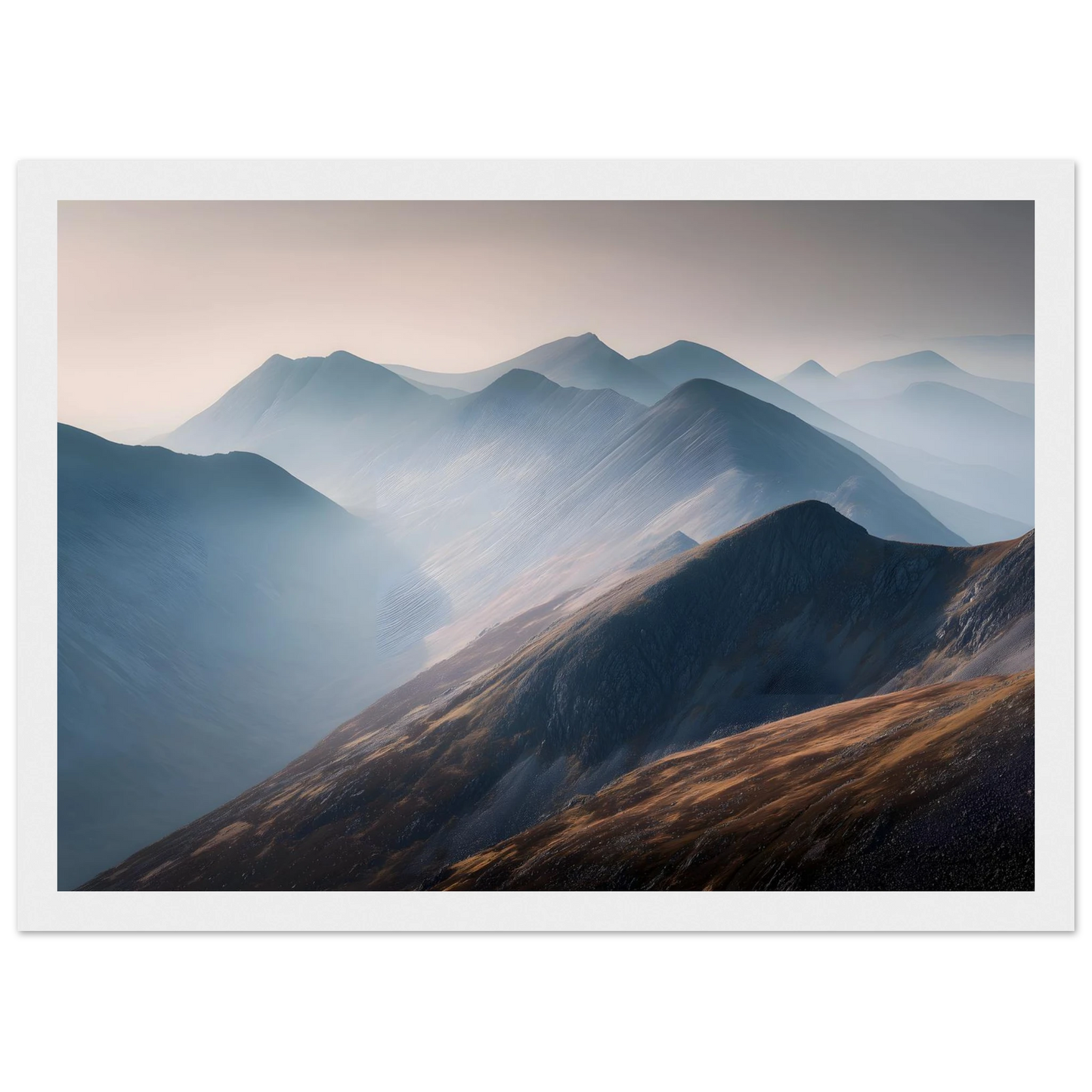 Highland mist landscape print in a white frame with a wide white mount