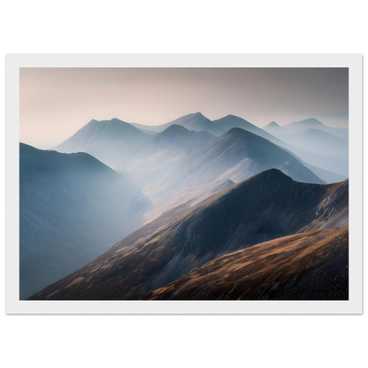 Highland mist landscape print in a white frame with a wide white mount