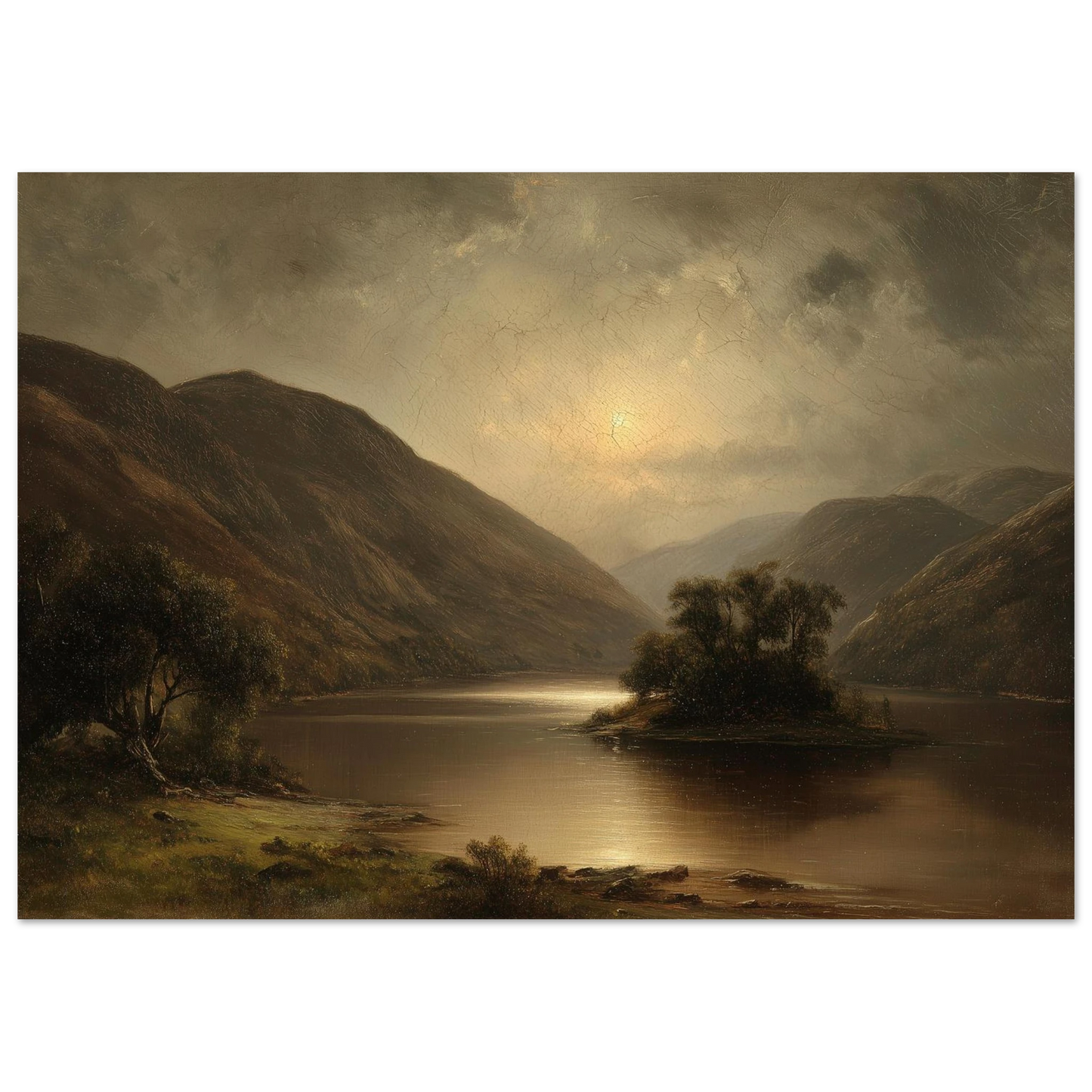 Moonrise on a still loch between rounded hills, in a dark frame