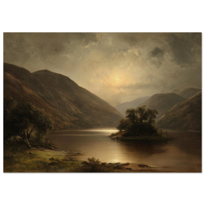 Moonrise on a still loch between rounded hills, in a dark frame