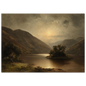 Moonrise on a still loch between rounded hills, in a dark frame