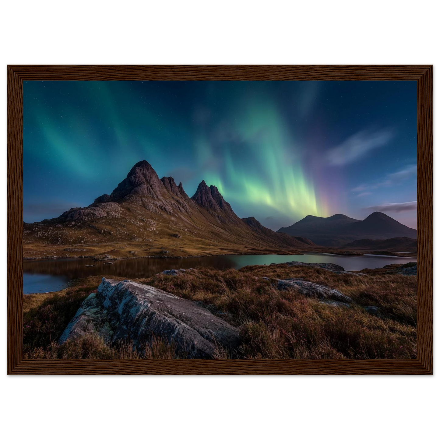 Aurora over a Highland loch at night, in a wide dark brown wood frame