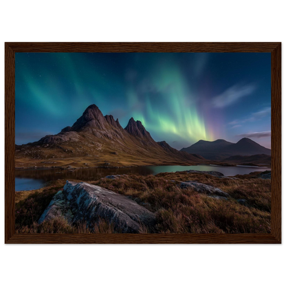Aurora over a Highland loch at night, in a wide dark brown wood frame