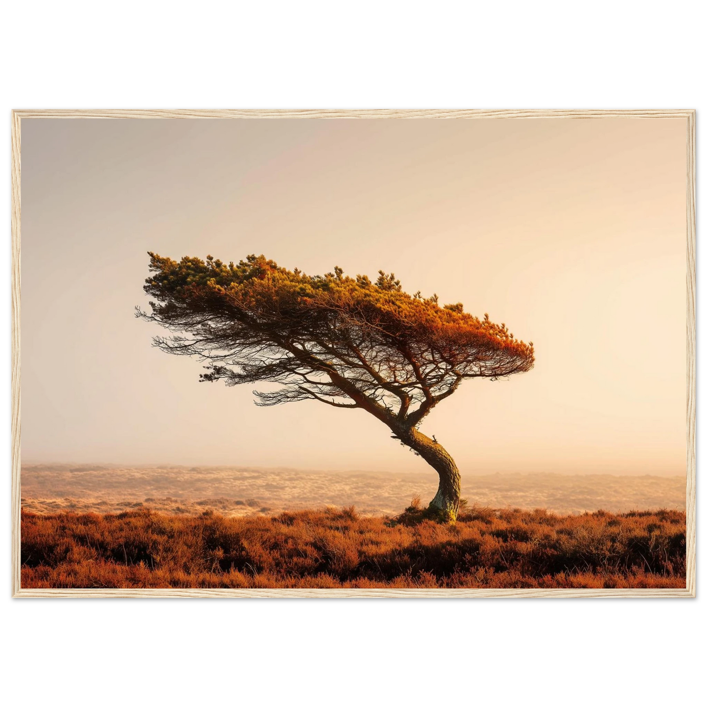 Minimalist lone tree landscape in a light oak frame, amber and rust tones