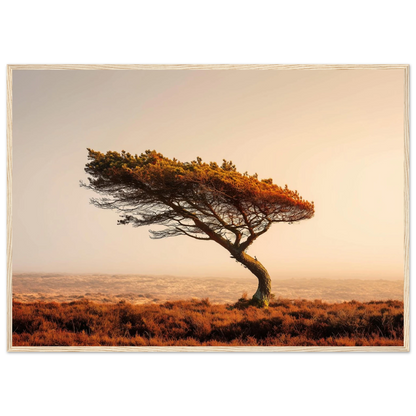 Minimalist lone tree landscape in a light oak frame, amber and rust tones