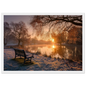 Frosted park lake at winter sunrise with an empty bench on the bank, print in a white frame
