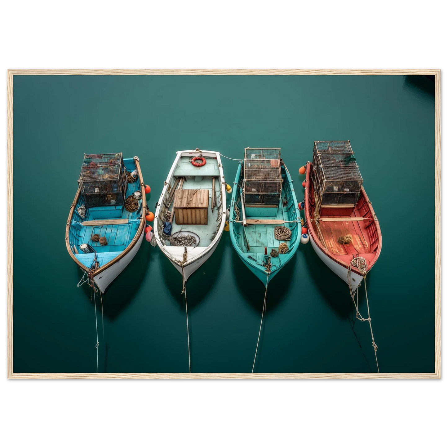 Aerial view of moored fishing boats, framed in pale natural wood