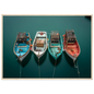 Aerial view of moored fishing boats, framed in pale natural wood