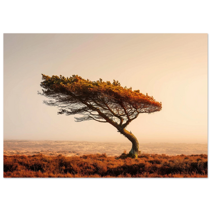 Lone pine on open moorland, framed in a slim dark frame
