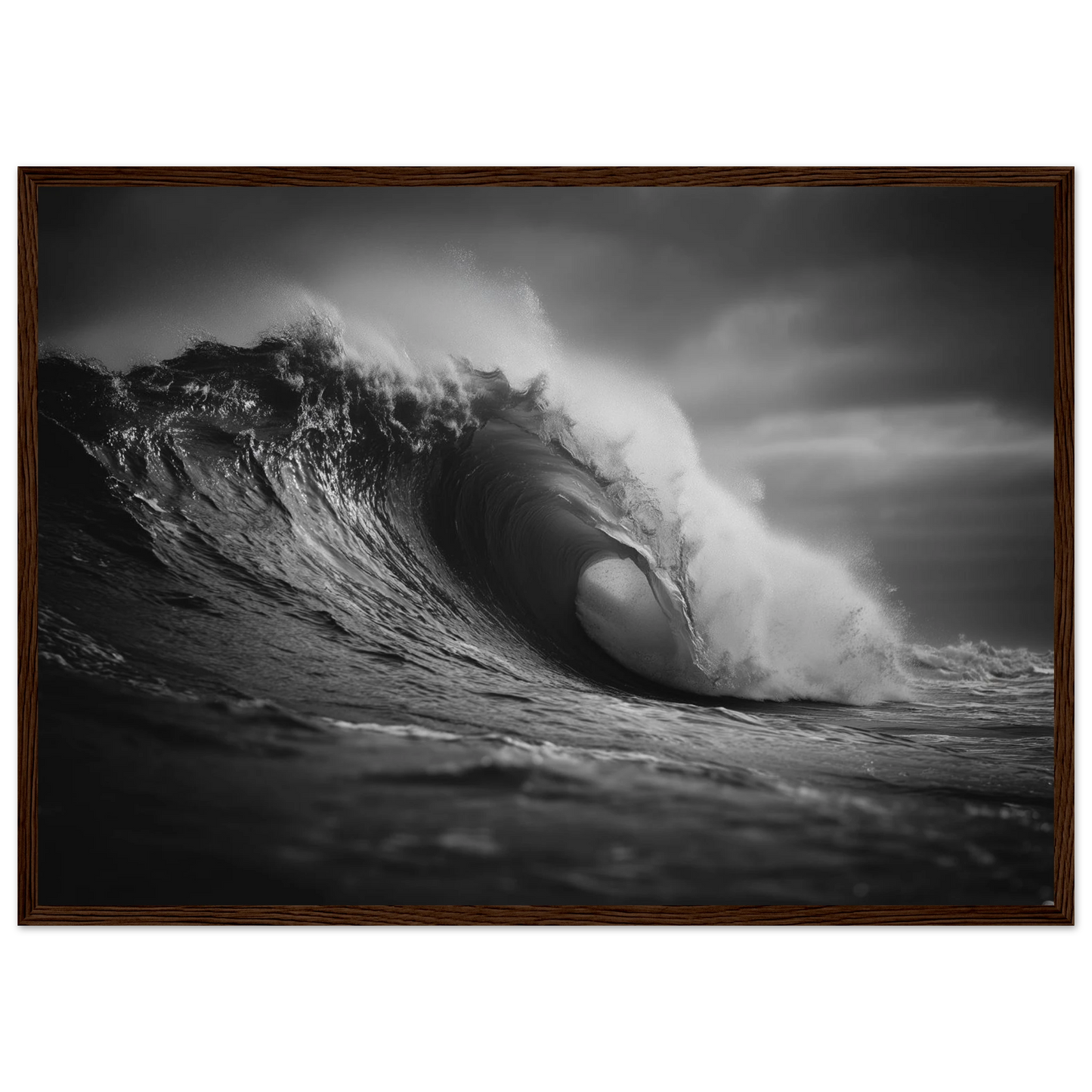 Black and white breaking wave, framed in warm dark wood
