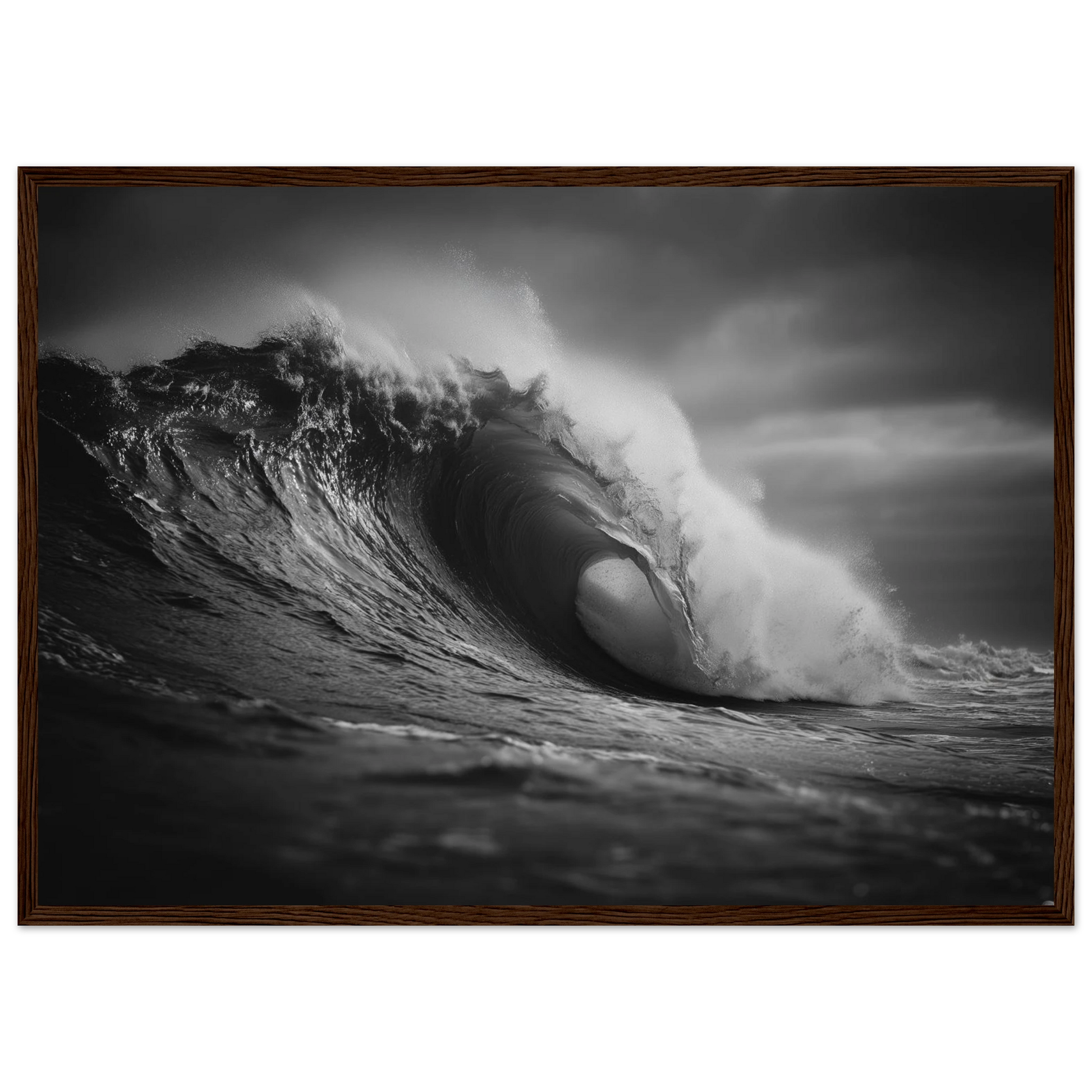 Black and white breaking wave, framed in warm dark wood