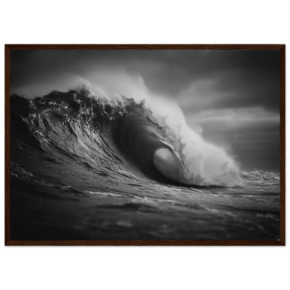 Black and white breaking wave, framed in warm dark wood