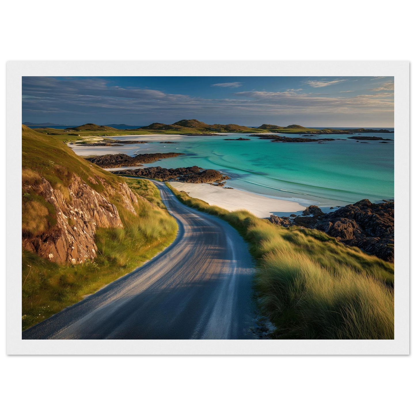 Turquoise Hebridean bay and beach road, in a white frame with a wide mount