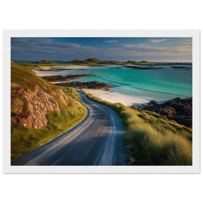 Turquoise Hebridean bay and beach road, in a white frame with a wide mount