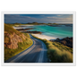 Turquoise Hebridean bay and beach road, in a white frame with a wide mount