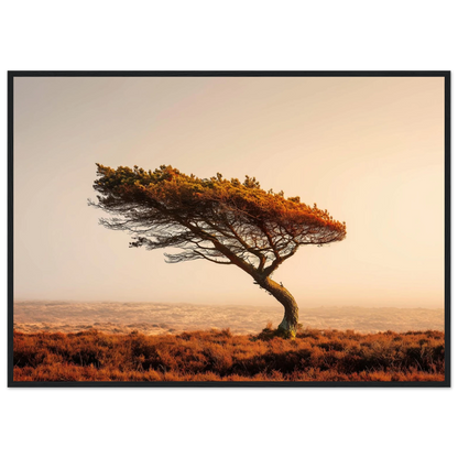 Minimalist Scottish moor and lone tree, in a dark grey frame