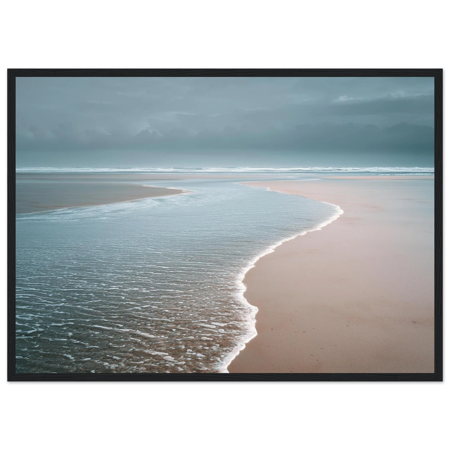 Soft coastal scene in blue and pink, framed in dark grey