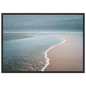 Soft coastal scene in blue and pink, framed in dark grey