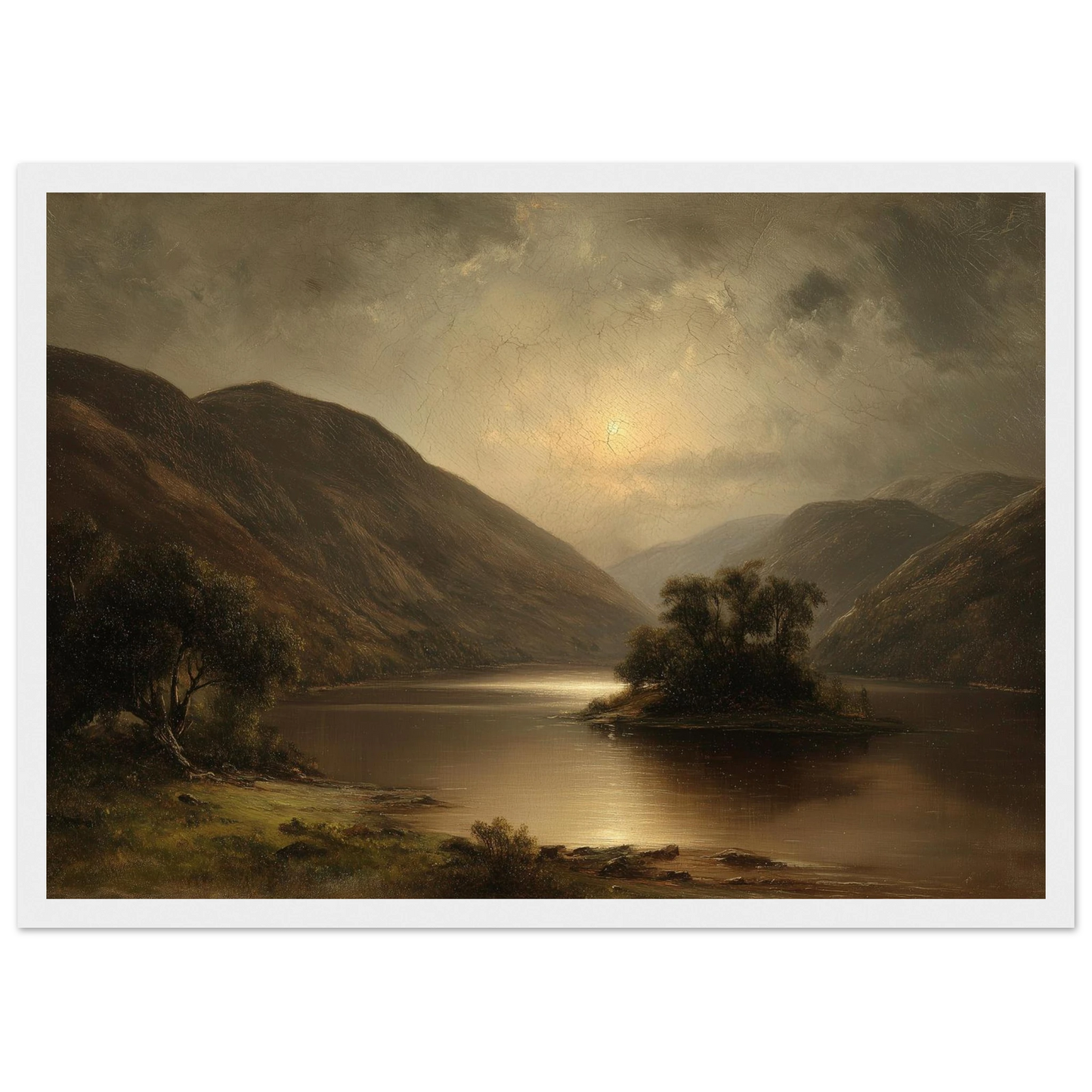 Classical Scottish loch painting in a white frame