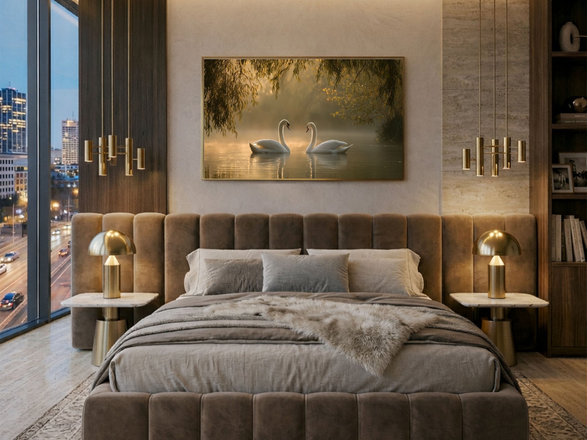 Two mute swans on a misty lake, framed in light wood above a velvet bed in a warm city bedroom