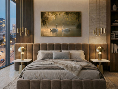 Two mute swans on a misty lake, framed in light wood above a velvet bed in a warm city bedroom