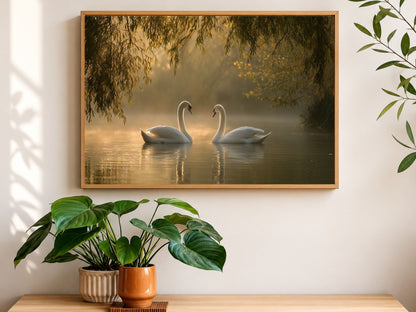 Two mute swans on a misty lake, framed in light wood above a wooden console with houseplants