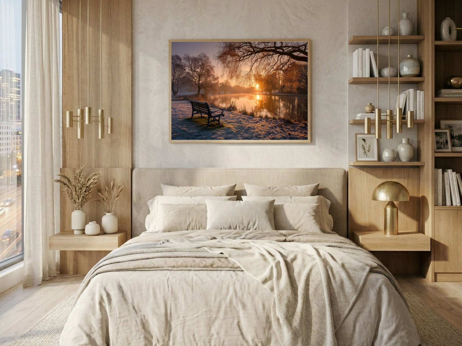 Frosted park lake at winter sunrise, framed in light wood above a bed in a warm neutral bedroom