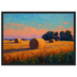 Impressionist harvest scene at dusk, framed in dark grey