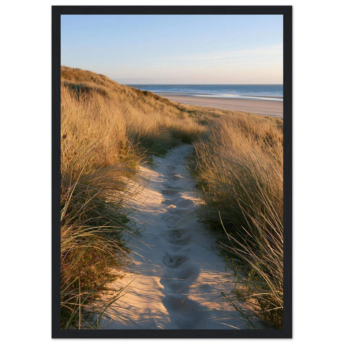 Sand track through amber marram grass to an empty beach at golden hour, print in a black frame