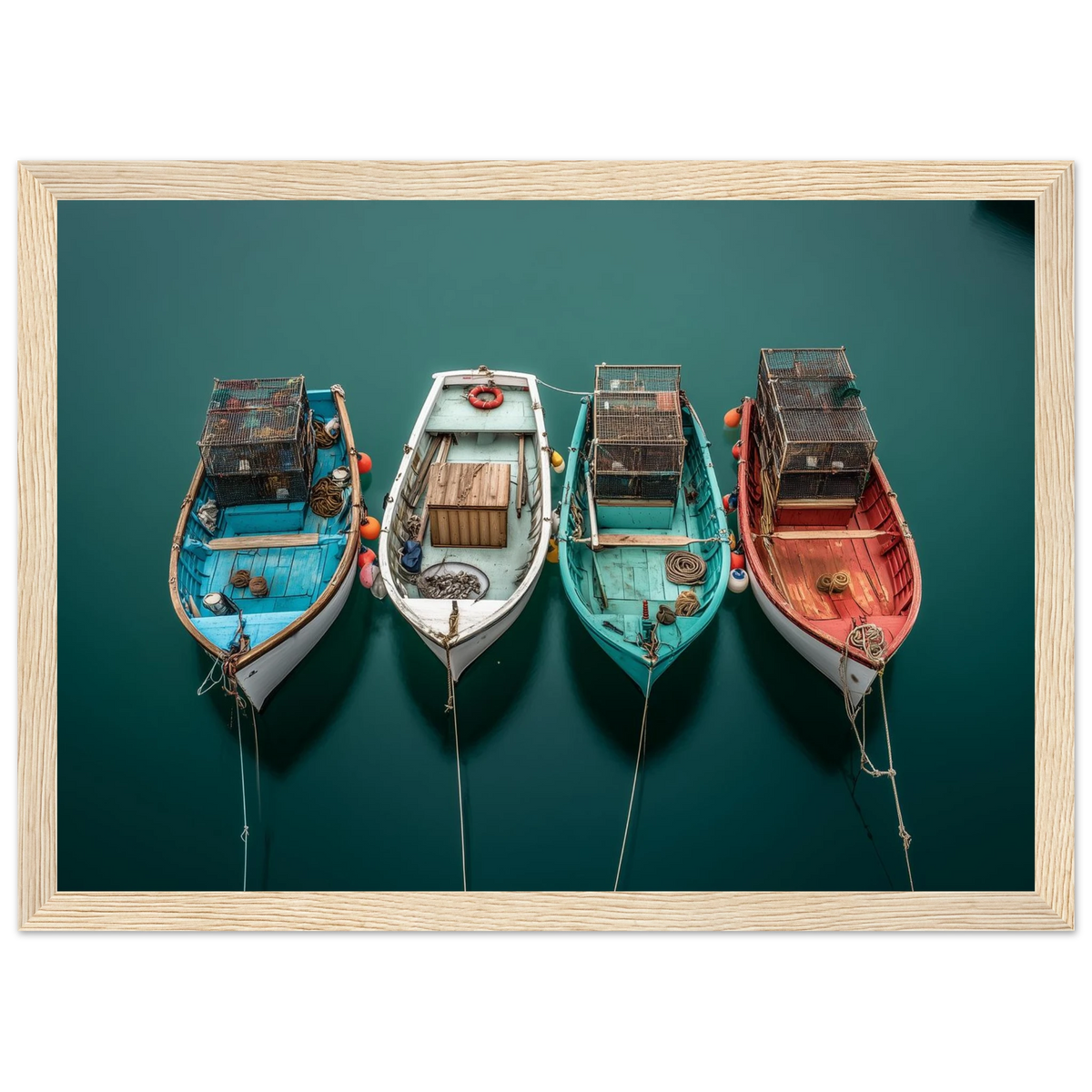 Aerial view of small fishing boats at their moorings, framed in pale oak with a wide mount