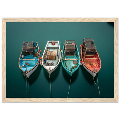 Aerial view of small fishing boats at their moorings, framed in pale oak with a wide mount