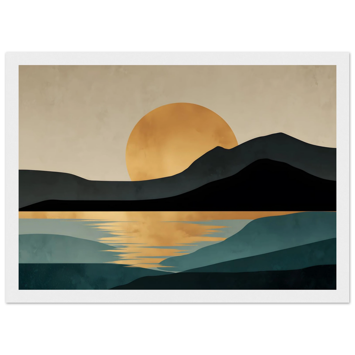 Teal and gold minimalist landscape print in a white frame with a wide white mount