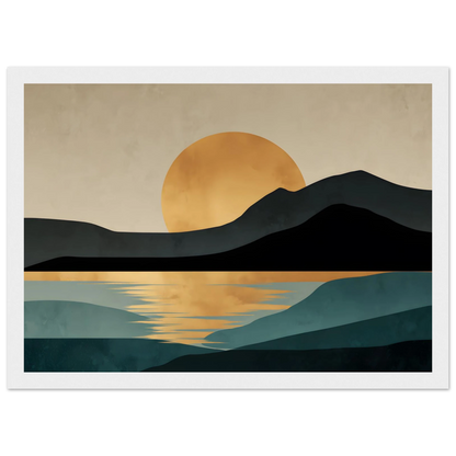 Teal and gold minimalist landscape print in a white frame with a wide white mount