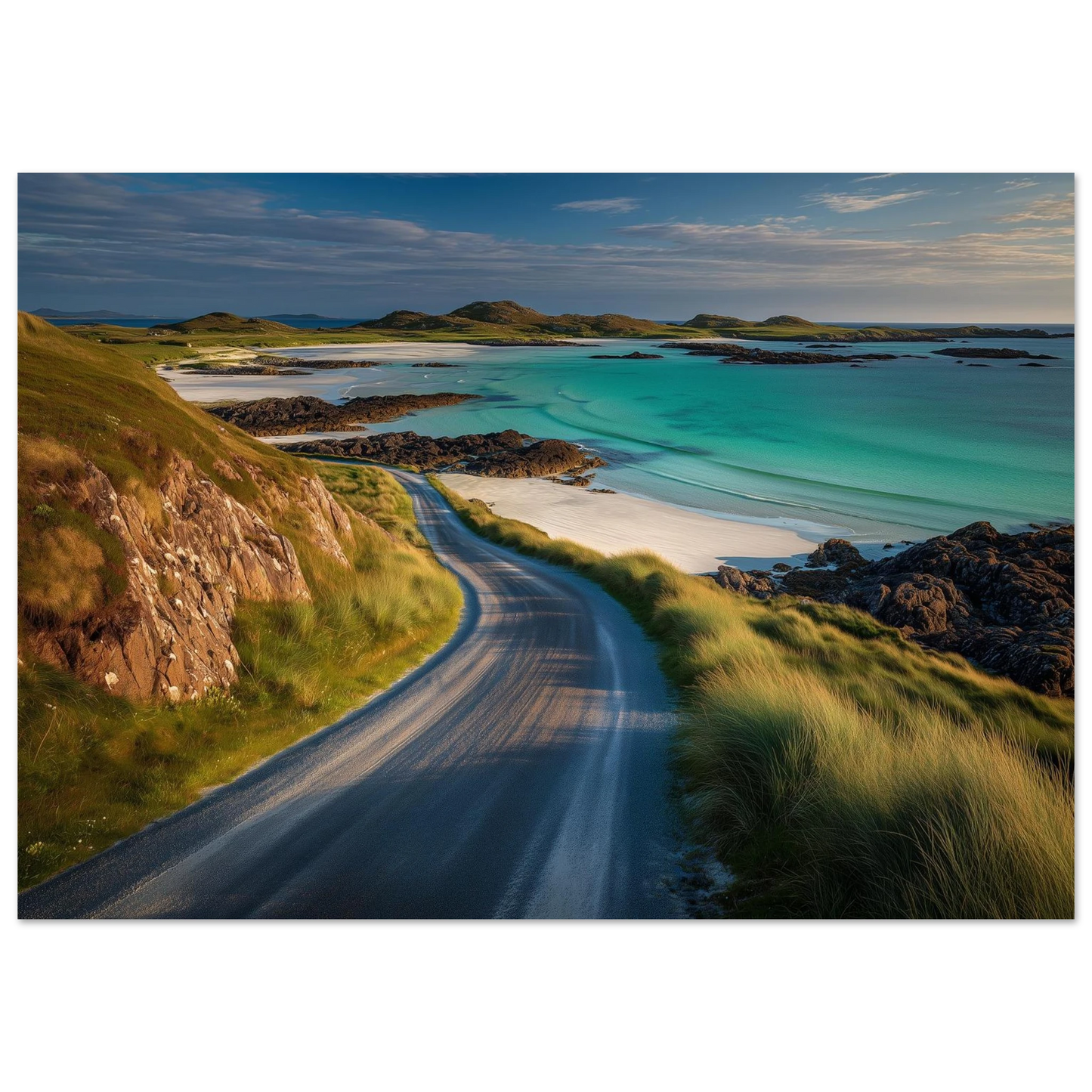 A single-track road curving above a white sand beach and turquoise Hebridean water, print in a slim dark frame