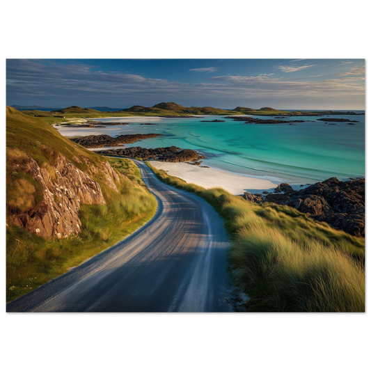 A single-track road curving above a white sand beach and turquoise Hebridean water, print in a slim dark frame