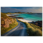 A single-track road curving above a white sand beach and turquoise Hebridean water, print in a slim dark frame