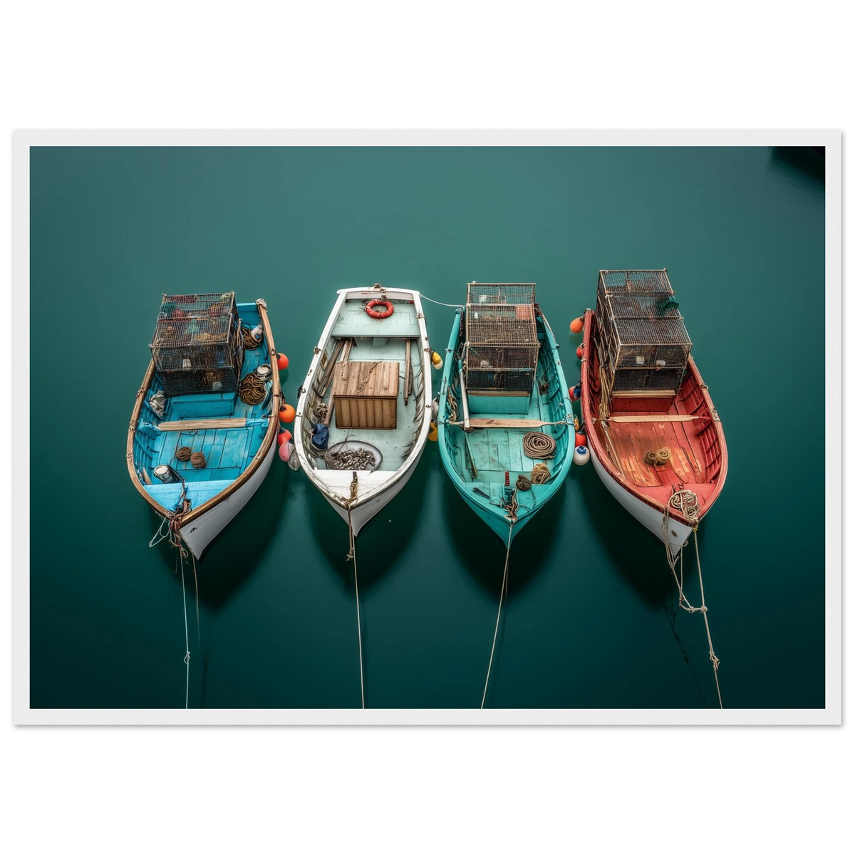 Small fishing boats at their moorings seen from above, print in a dark frame