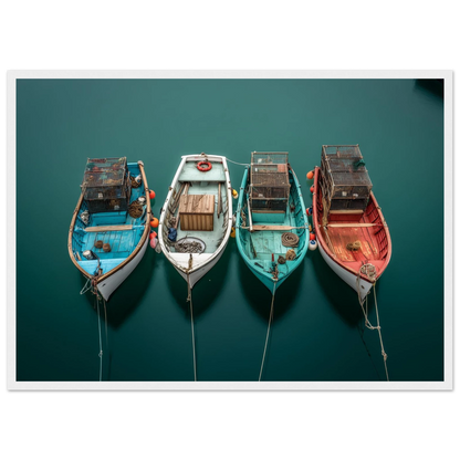 Small fishing boats at their moorings seen from above, print in a dark frame