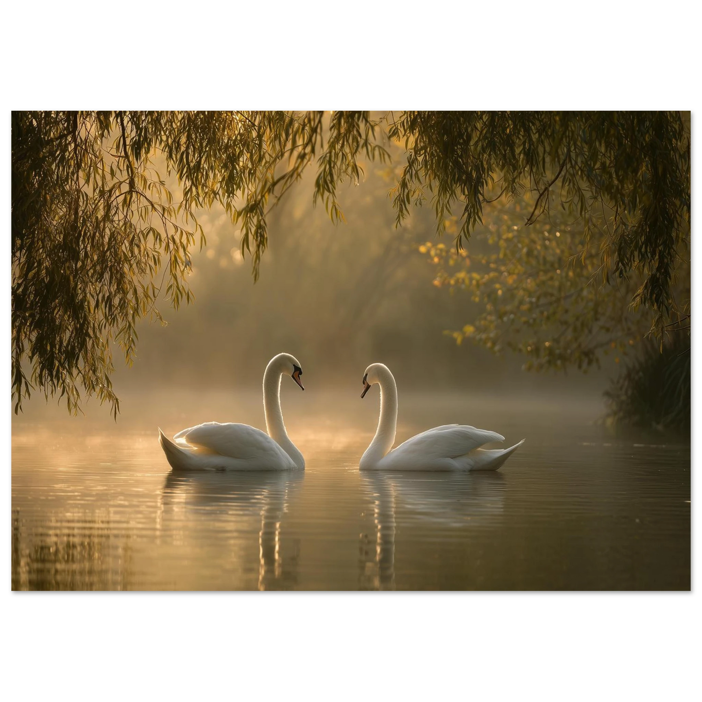 Two mute swans facing each other on a misty lake in golden morning light, unframed print