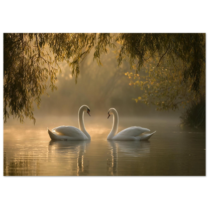 Two mute swans facing each other on a misty lake in golden morning light, unframed print
