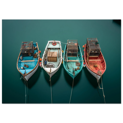 Four small fishing boats on their moorings seen from above, blue, white, turquoise and red hulls on flat dark water, print in a slim dark frame