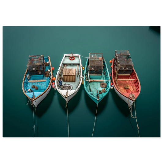 Four small fishing boats on their moorings seen from above, blue, white, turquoise and red hulls on flat dark water, print in a slim dark frame